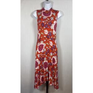 Maeve Floral Midi Dress Size XS Red Orange Sleeveless Sharkbite Hem Art to Wear